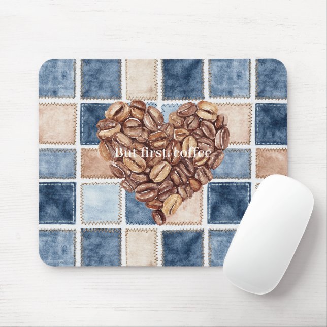 Mousepad Creme de Denim Azul Falso Grãos de Café Primeiro C (Com mouse)
