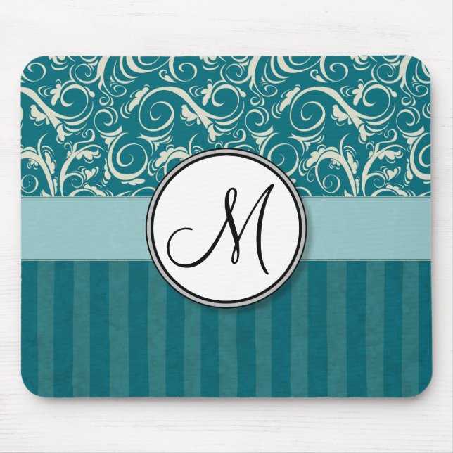 Mousepad Creme em Sabas Florais Teais e Strips com Monogram (Frente)