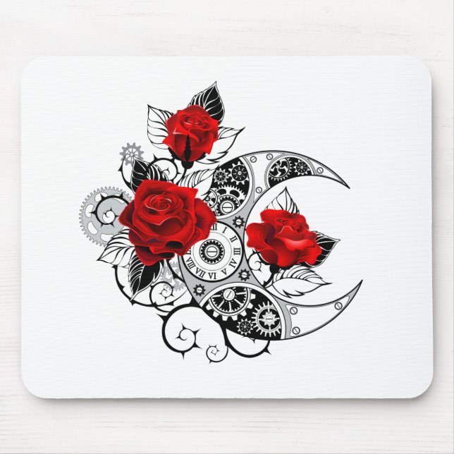Mousepad Crescente Mecânico com Rosas vermelhas (Frente)