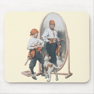 Mousepad Criança Antiga, Pirata Menino, Cachorro, Espelho, 