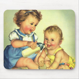Mousepad Crianças Antigas, Bebês Felizes Sorriem Mamadeira