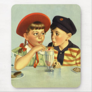 Mousepad Crianças Antigas, Menino e Menina Compartilhando u
