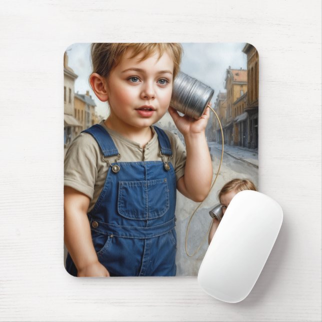 Mousepad Crianças Brincando Com Telefone de Lata Antigo (Com mouse)