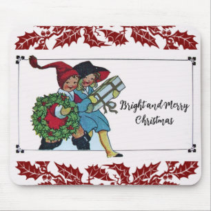MOUSEPAD CRIANÇAS COM PRESENTES DE NATAL E FLORAL VERMELHA