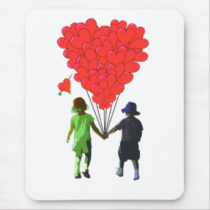 Mousepad Crianças de mãos dadas e balões em forma de coraçã