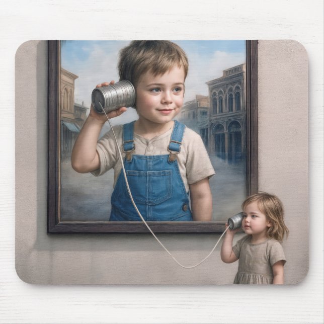 Mousepad Crianças Falando Em um Telefone de Lata Retrô (Frente)