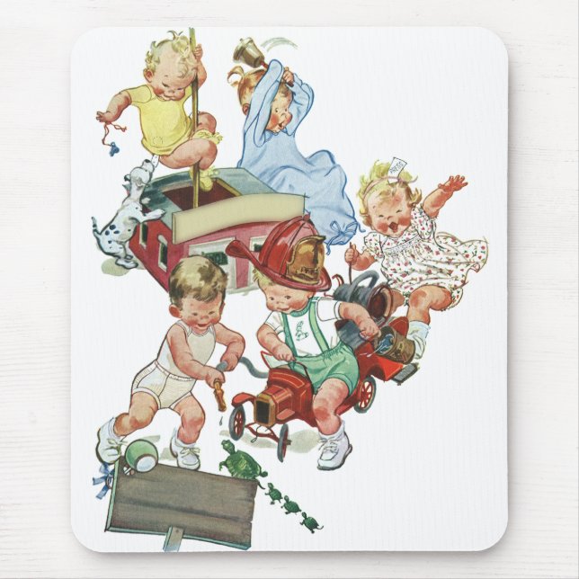 Mousepad Crianças Vintage Brincando com Bombeiros (Frente)