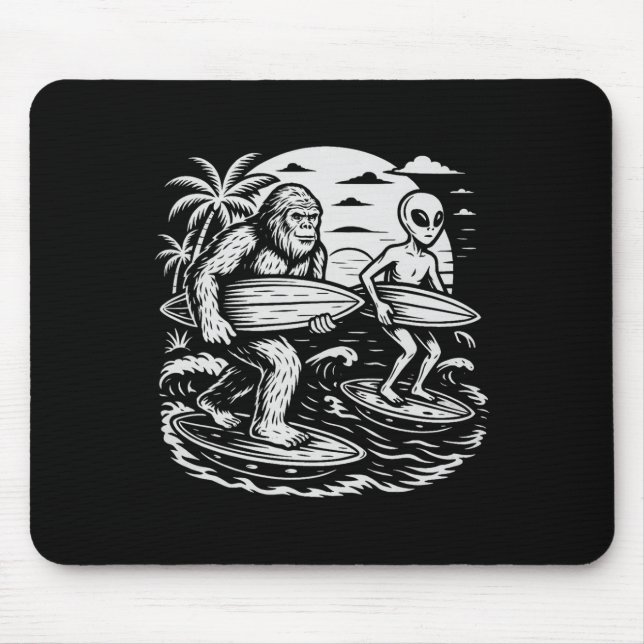 Mousepad Criptídeo Engraçado Pé Grande Alienígena Surfando  (Frente)