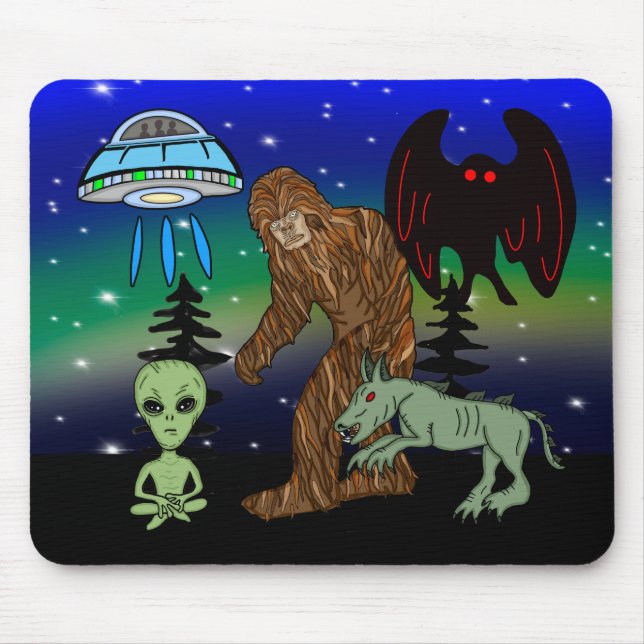 Mousepad Criptids, Pé Grande, Sasquatch, Homem-Mãe, Alieníg (Frente)