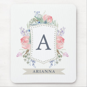 Mousepad Crista floral da aguarela com monograma