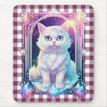 Cristal Gatinho Branco de Xadrez Preta e Roxo