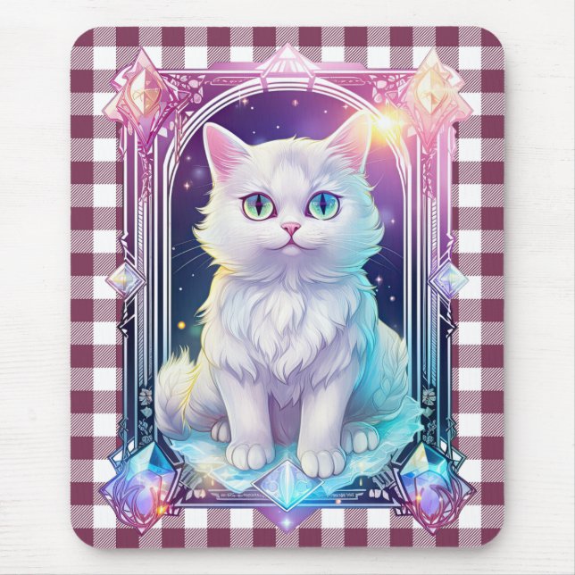 Mousepad Cristal Gatinho Branco de Xadrez Preta e Roxo (Frente)