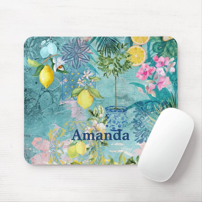 Mousepad Crochio-azul-turquesa-siciliana-citrinos florais (Com mouse)