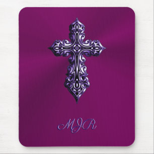 Mousepad Cruz gótica em roxo com aspecto embutido com monog