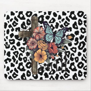 Mousepad Cruz-leopardo-da-neve, flores e borboletas