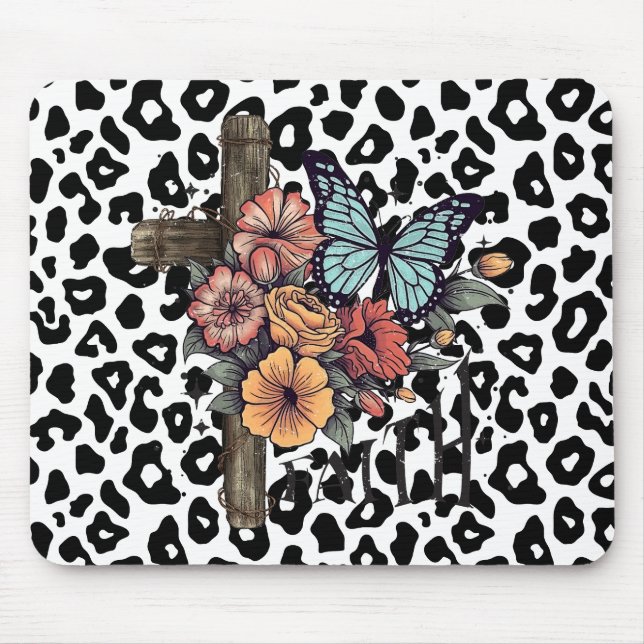 Mousepad Cruz-leopardo-da-neve, flores e borboletas (Frente)