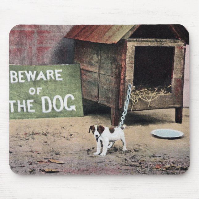 Mousepad Cuidado com o sinal do cão com o cão pequeno (Frente)