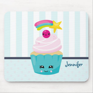 Mousepad Cupcake Azul Bonito com Rosto Kawaii