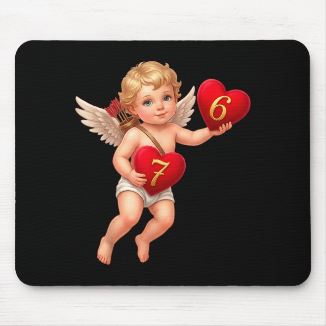 Mousepad Cupido segurando 6 e 7 Corações Meme de Valentine  (Frente)