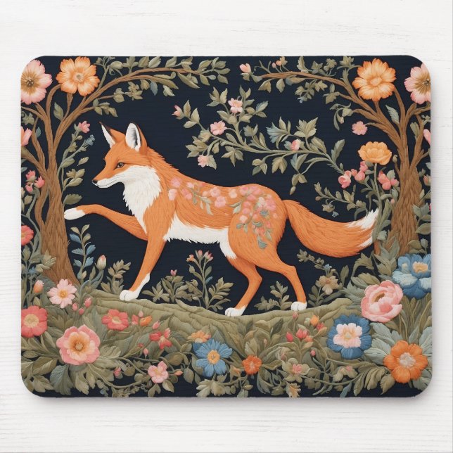 Mousepad Curiosa Fox Faux Embroiderme Elegante Floral (Frente)