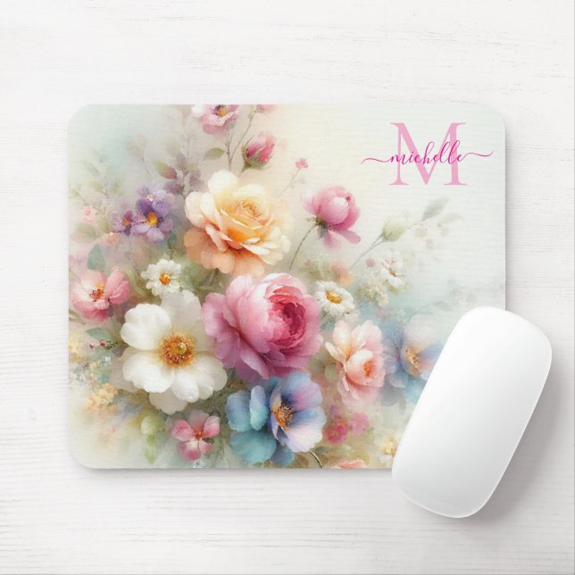 Mousepad Custom Aquarell Floral Template Monogrammed (Com mouse)