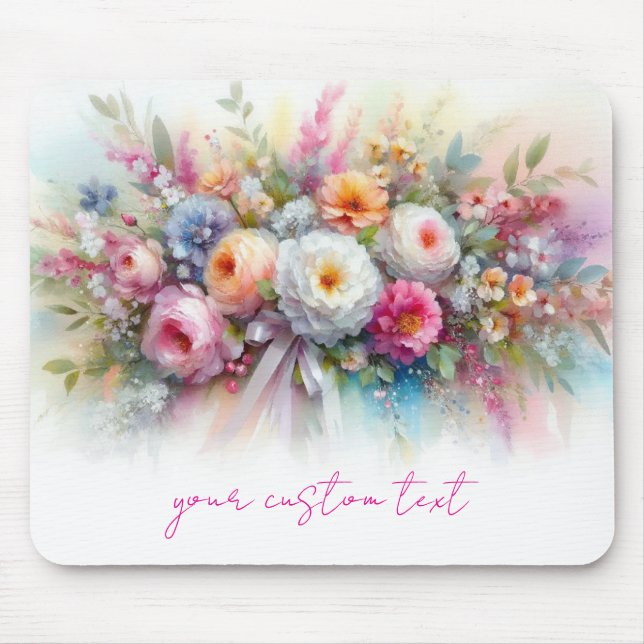 Mousepad Custom Text Name Modern Elegant Watercolor Flowers (Frente)