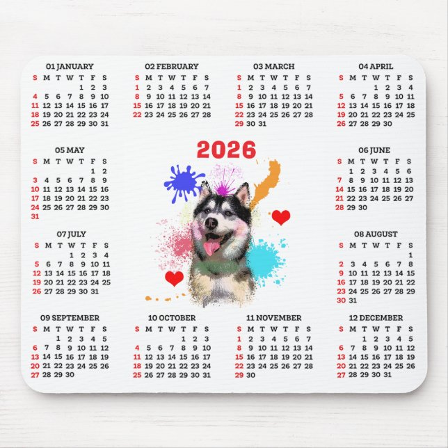 Mousepad Customisable Cute Siberian Husky Dog Calendar (Frente)