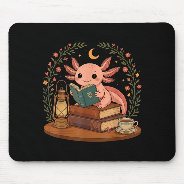 Mousepad Cute Axolotl Reading Books Cozy Bookworm  (Frente)