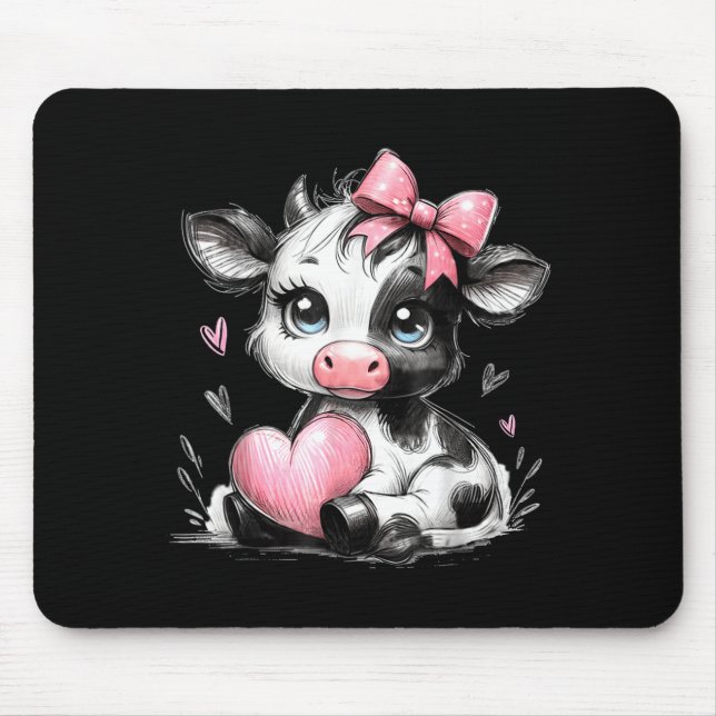 Mousepad Cute Baby Cow With Nk Coquette Bow Holding Heart  (Frente)