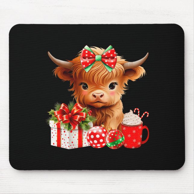 Mousepad Cute Baby Highland Cow Merry Christmas Farmer Cow  (Frente)