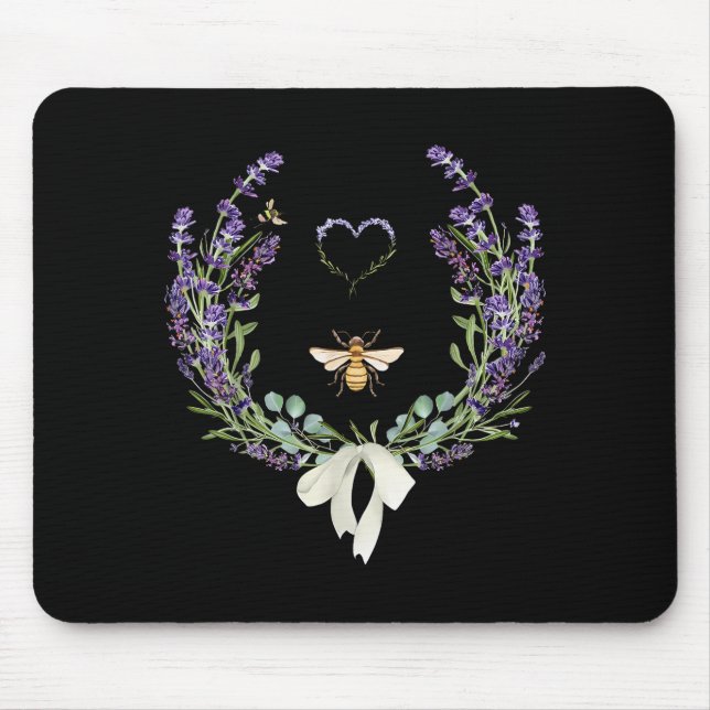 Mousepad Cute Bee Bow Lavender Flower Heart Botanical Natur (Frente)