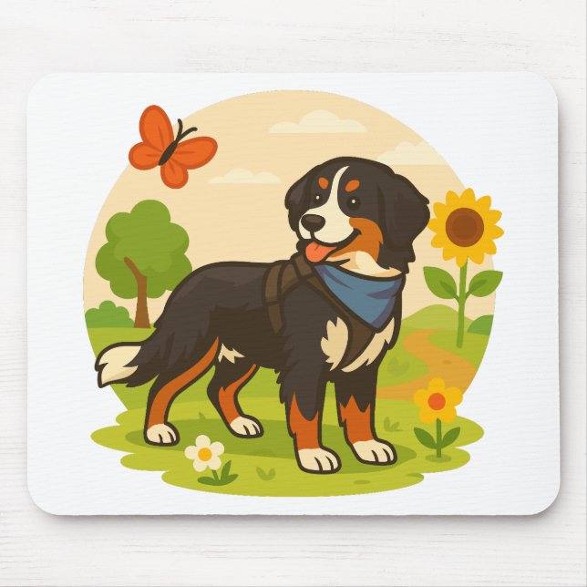 Mousepad Cute Bernese Mountain Dog with Sunflower & Butterf (Frente)