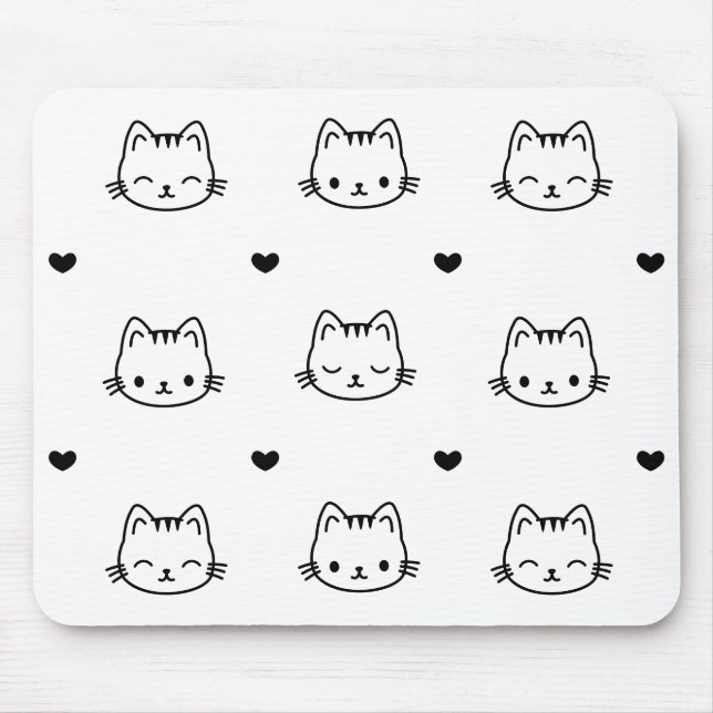 Mousepad Cute Black and White Cat and Heart Pattern (Frente)