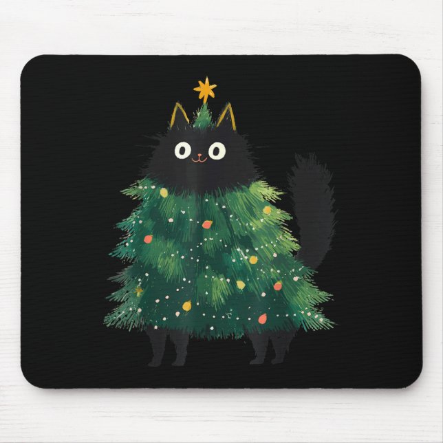 Mousepad Cute Black Cat Christmas Tree Funny Kitten Lover X (Frente)