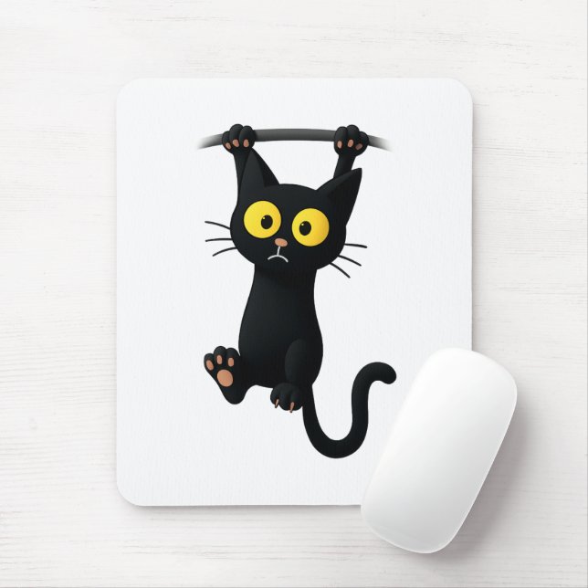 Mousepad Cute Black Cat Hanging Cartoon – Funny Kawaii Cat  (Com mouse)