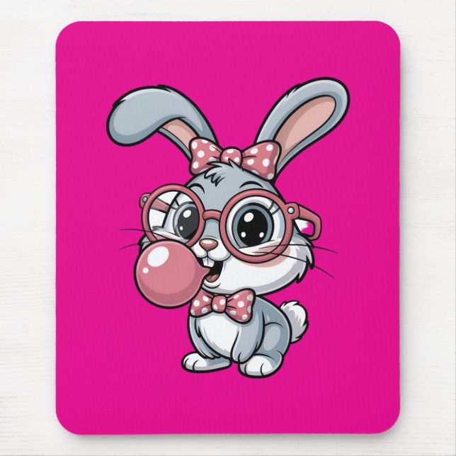 Mousepad Cute Bunny with Glasses Blowing Bubble Gum (Frente)