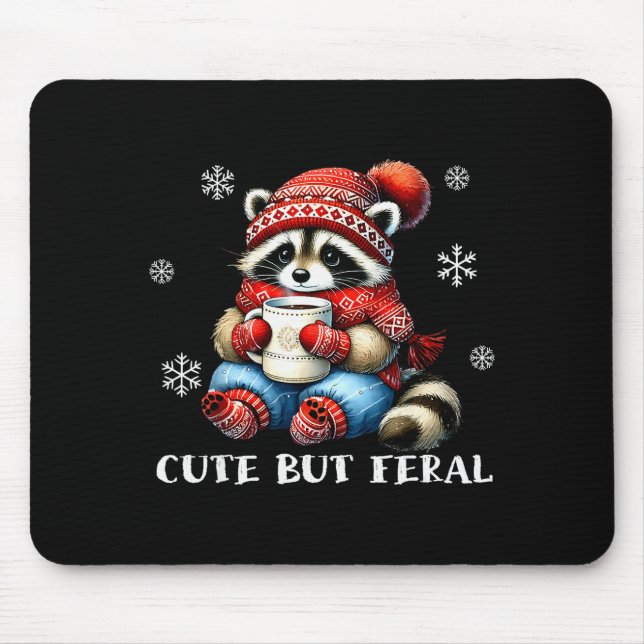 Mousepad Cute But Feral Raccoon Drink Hot Cocoa Christmas W (Frente)
