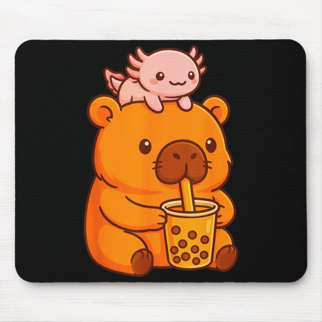 Mousepad Cute Capybara Drinking Bubble Tea And Axolotl Kawa (Frente)