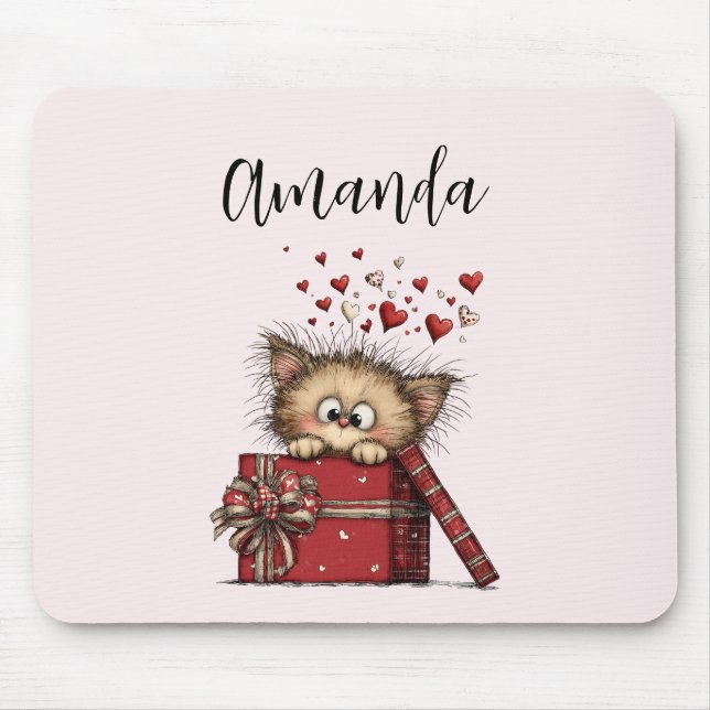 Mousepad Cute Cartoon Kitten in a Box with Hearts (Frente)
