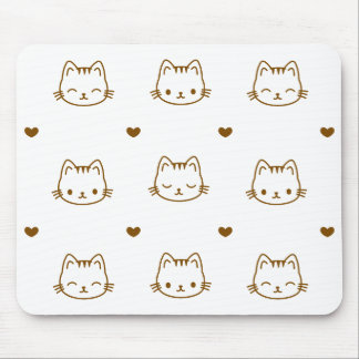 Mousepad Cute Cat and Heart Pattern Brown on White