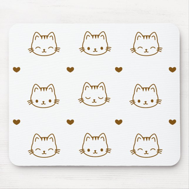Mousepad Cute Cat and Heart Pattern Brown on White (Frente)