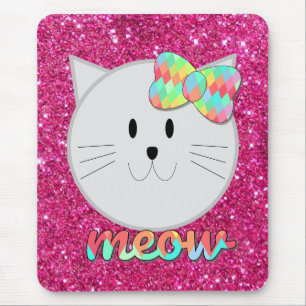 Mousepad Cute Cat Meow Rainbow Bow Pink Glitter Kitty Kids