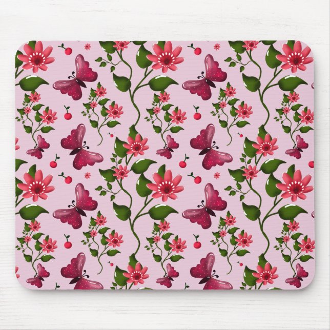 Mousepad Cute Cherry Butterfly Pattern, Glossy Kawaii Fruit (Frente)