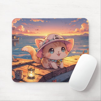 Mousepad Cute Chibi Kitten at the Harbor Sunset – Whimsical