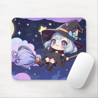 Mousepad Cute Chibi Witch Flying in the Night Sky – Whimsic
