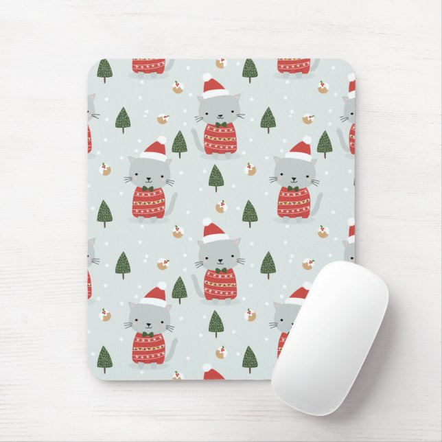 Mousepad Cute Christmas Cat Pattern – Festive Holiday  (Com mouse)