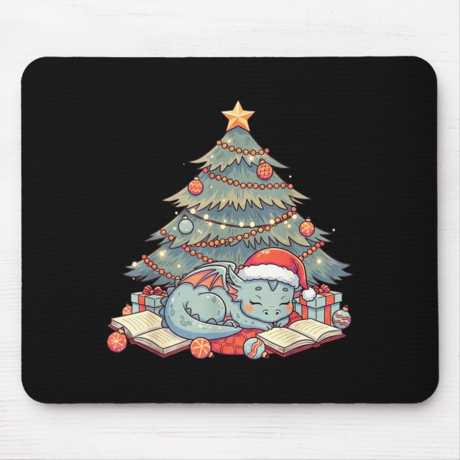 Mousepad Cute Christmas Dragon Sleeng Under Tree Books Love (Frente)