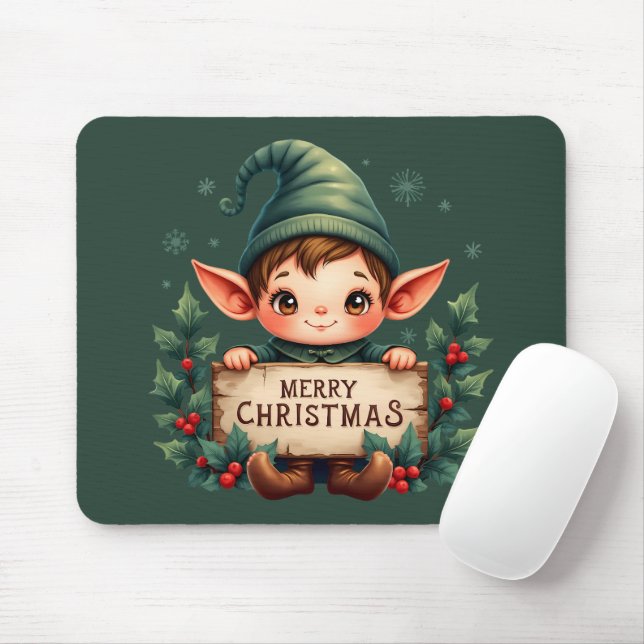 Mousepad Cute Christmas Elf Holding Merry Sign Green (Com mouse)