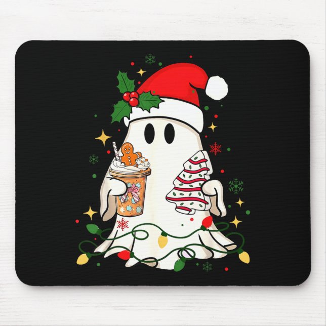 Mousepad Cute Christmas Ghost Coffee Tree Cake Xmas Lights  (Frente)