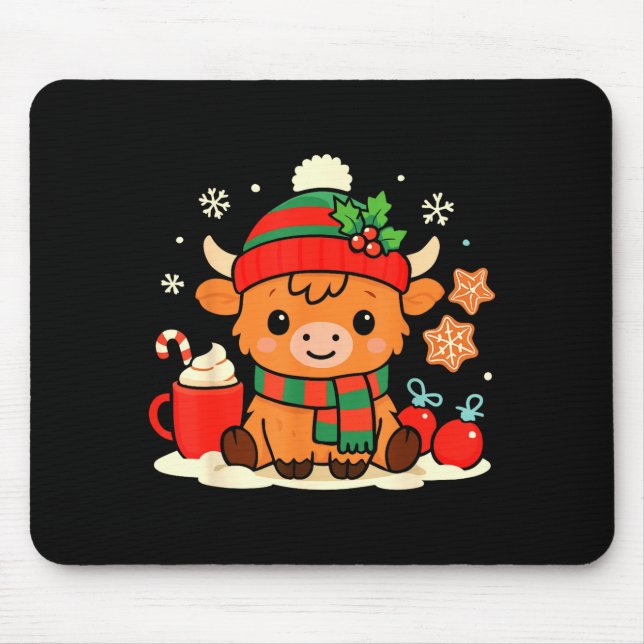 Mousepad Cute Christmas Highland Cow Heifer Xmas Farm Anima (Frente)
